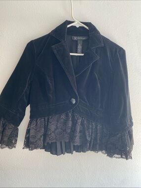 INC International Concepts Black Velvet Blazer with Lace Hem Gothic Romance